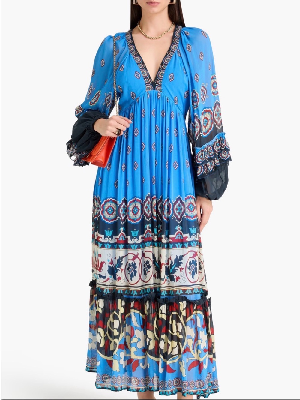FARM Rio Anika XS Vibrant Blue Bohemian Maxi Dress with Multicolor Border Print